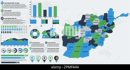 Detailed Afghanistan map with infographic elements. Vector illustration. Stock Vector