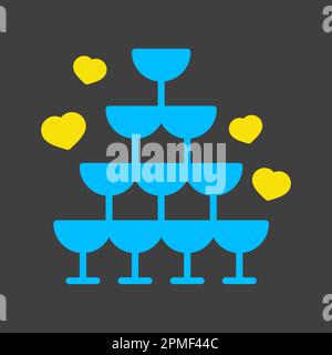 Wedding pyramid from glasses isolated glyph on dark background icon. Vector illustration, romance elements. Sticker, patch, badge, card for marriage, Stock Vector