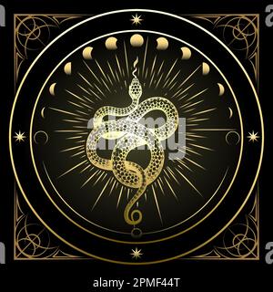 Golden Snake and Phases of Moon Astrological Emblem isolated on white. Vector illustration Stock Vector