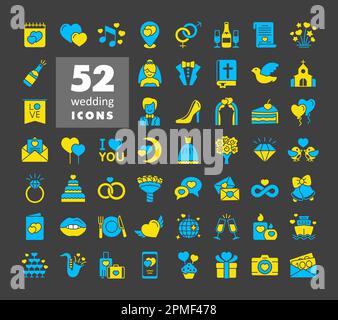 Wedding, marriage, bridal isolated glyph on dark background icon set. Vector illustration, romance elements. Sticker, patch, badge, card for marriage, Stock Vector