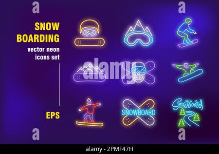 Snowboarding set in neon style Stock Vector