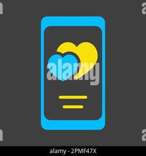 Smartphone with two hearts on the screen isolated glyph on dark background icon. Vector illustration, romance elements. Sticker, patch, badge, card fo Stock Vector