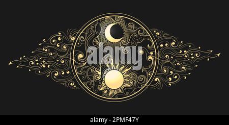 Sun and Moon Esoteric Illustration Isolated on Black. Vector illustration Stock Vector