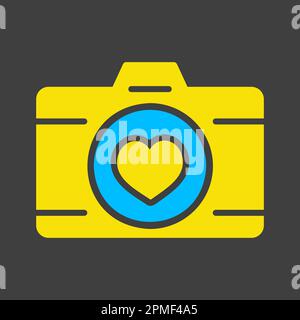 Wedding party camera with love lens isolated glyph on dark background icon. Vector illustration, romance elements. Sticker, patch, badge, card for mar Stock Vector