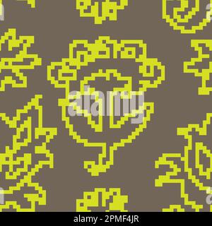Blooming pixel flowers, blossom ornament print Stock Vector