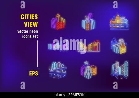City view neon signs set Stock Vector