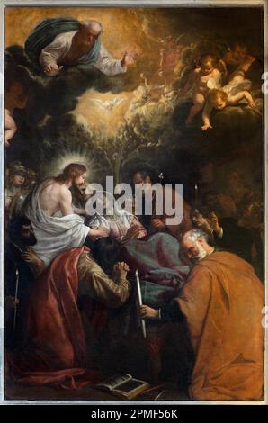 GENOVA, ITALY - MARCH 8, 2023: The painting of Dormition of Virgin Mary in the church Chiesa di San Rocco sopra Principe by Domenico Fiasella (1669). Stock Photo