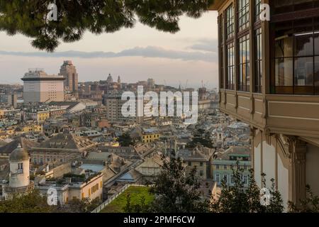 Elevated view over the centre of Genua seen from Belvedere Luigi Montaldo and the Castelletto elevator, Genoa, Liguria, Italy, Europe Stock Photo