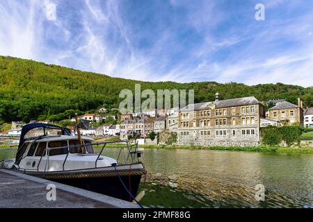 France, Ardennes, Ardennes Regional Nature Park, Monthermé, loop of the Meuse, barges in the marina Stock Photo
