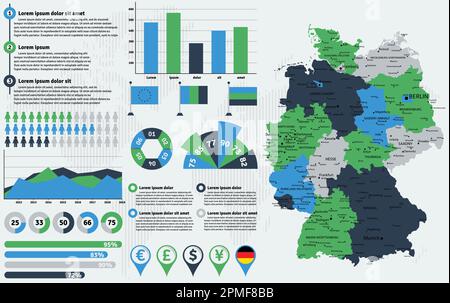 Detailed Germany map with infographic elements. Vector illustration. Stock Vector