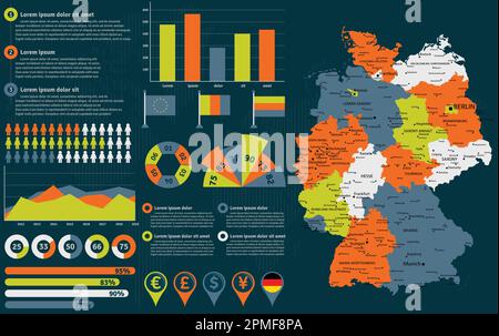 Detailed Germany map with infographic elements. Vector illustration. Stock Vector