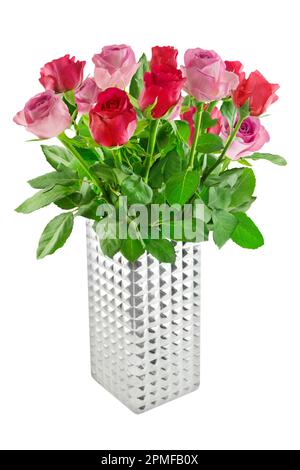 Pink and red roses with silver flower vase isolated on white background Stock Photo