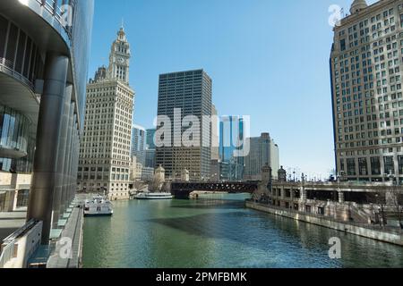 Chicago downtown and Chicago River with bridges Stock Photo