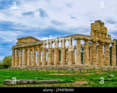 Temple of Hera in Paestum. Paestum is the classical Roman name of a major Graeco-Roman city in the Campania region of Italy. Stock Photo