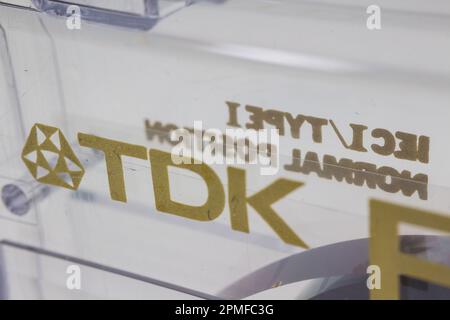 Close-up of TDK logo on Compact Cassette Type I, normal position Stock Photo