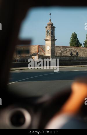 View on church through car window Stock Photo