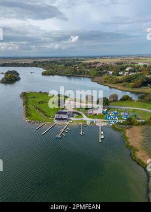 Hornsea Mere, Hormsea, East Riding, Yorkshire Aerial view hornsea mere, vertical Shot of Hornsea Mere. Stock Photo