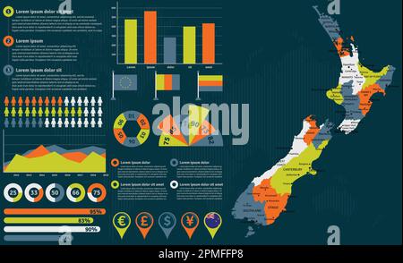 Detailed New Zealand map with infographic elements. Vector illustration. Stock Vector