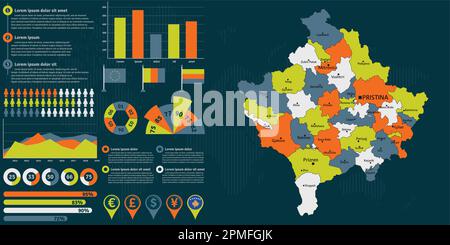 Detailed Kosovo map with infographic elements. Vector illustration. Stock Vector