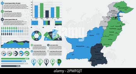 Detailed Pakistan map with infographic elements. Vector illustration. Stock Vector