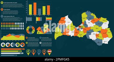 Detailed Latvia map with infographic elements. Vector illustration. Stock Vector