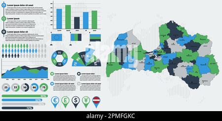 Detailed Latvia map with infographic elements. Vector illustration. Stock Vector