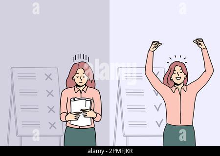 Comparison of woman with unfinished and finished work tasks. Failed and successful female employee with plans and list on board. Vector illustration.  Stock Vector