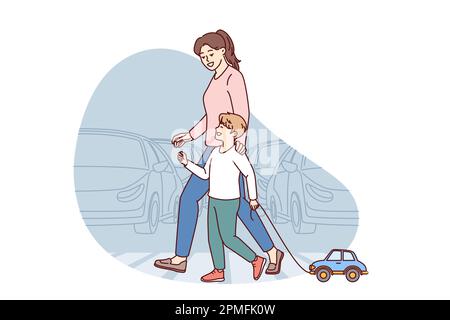 Happy mom and child going along pedestrian crossing across road walking through summer city. Little boy with toy car walks with nanny teaching how to cross intersection road correctly  Stock Vector