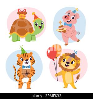 Birthday animal set. Cartoon cute animals with gifts, balloons and birthday cake. Colorful stickers, isolated on white background. A turtle, a pig, a Stock Vector