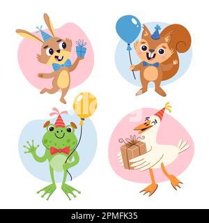 Birthday animal set. Cartoon cute animals with gifts, balloons and party hats. Colorful stickers, isolated on white background. A rabbit, a squirrel, Stock Vector