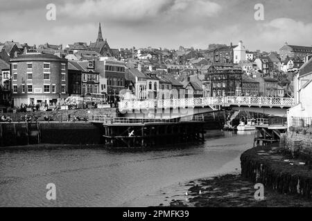 A view of Whitby town from the south side looking across the River Ask towards the swing bridge Stock Photo