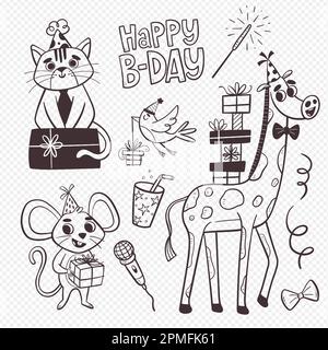 Birthday animals and party elements. Four cute animals with gifts. A cat, a giraffe, a bird and a mouse. Cartoon style. Isolated elements. Outlined il Stock Vector