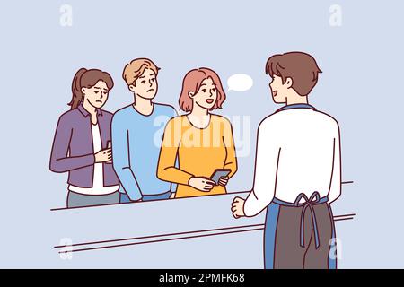 Leisurely woman talking to cashier ignoring queue of customers in cafe or grocery store forced to waste time. Man waiter cashier serving customers nervous due to long waiting in line  Stock Vector