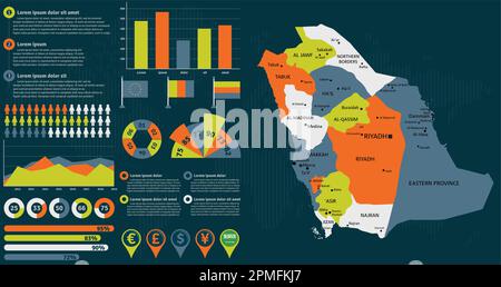 Detailed Saudi Arabia map with infographic elements. Vector illustration. Stock Vector