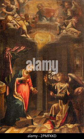 GENOVA, ITALY - MARCH 5, 2023: The painting of Annunciation in the church Chiesa di Santa Maria Maddalena by Aurelio Lomi (1602). Stock Photo