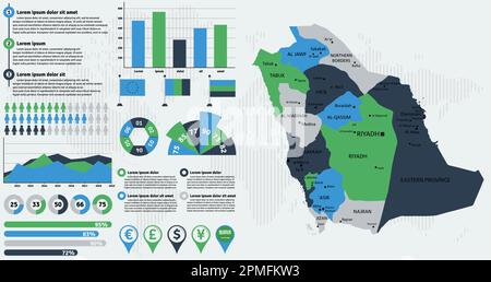 Detailed Saudi Arabia map with infographic elements. Vector illustration. Stock Vector