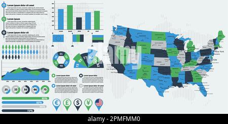 Detailed United States of America map with infographic elements. Vector illustration. Stock Vector