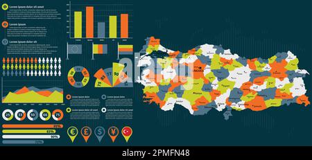 Detailed Turkey map with infographic elements. Vector illustration. Stock Vector