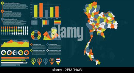 Detailed Thailand map with infographic elements. Vector illustration. Stock Vector