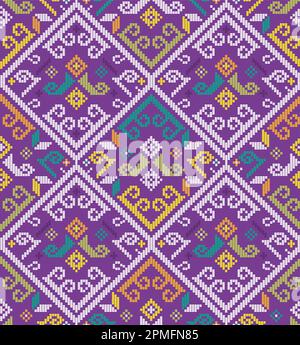 Filipino tapestry folk art - Yakan cloth inspired vector seamless pattern, retro textile or fabric print design from Philippines on purple background Stock Vector