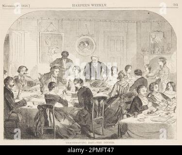 Print, Thanksgiving Day – The Dinner; Winslow Homer (American, 1836–1910); Published by Harper's Weekly; USA; wood engraving in black ink on paper; Image: 17.6 × 23.6 cm (6 15/16 × 9 5/16 in.) Stock Photo