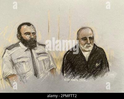 Court artist drawing by Elizabeth Cook of Piran Ditta Khan appearing in the dock at Westminster Magistrates' Court, London, charged with the murder of Police Constable Sharon Beshenivsky in Bradford 18 years ago. Picture date: Thursday April 13, 2023. Stock Photo