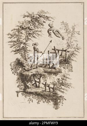 Print, Plate 3, 'Suite de douze Pêcheurs et Chasseurs'; Designed by Jean-Baptiste Pillement (French, 1728–1808); France; etching on paper; 39.5 × 28.3 cm (15 9/16 × 11 1/8 in.) Stock Photo