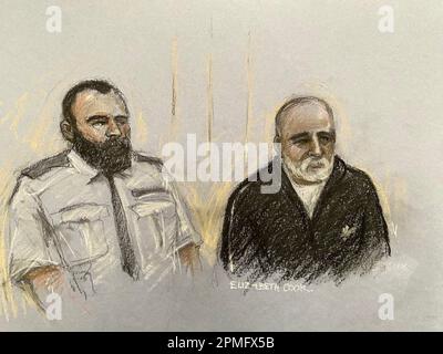 Court artist drawing by Elizabeth Cook of Piran Ditta Khan appearing in the dock at Westminster Magistrates' Court, London, charged with the murder of Police Constable Sharon Beshenivsky in Bradford 18 years ago. Picture date: Thursday April 13, 2023. Stock Photo