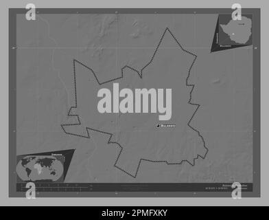 Bulawayo, city of Zimbabwe. Bilevel elevation map with lakes and rivers. Locations and names of major cities of the region. Corner auxiliary location Stock Photo