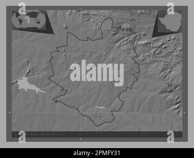 Harare, city of Zimbabwe. Bilevel elevation map with lakes and rivers. Locations of major cities of the region. Corner auxiliary location maps Stock Photo