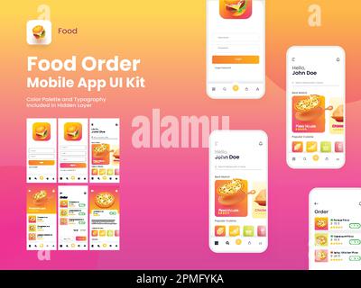 Online Food Order Mobile App UI Kit Including Login, Register, Food Menu, Payment And Order Confirmation Screens. Stock Vector