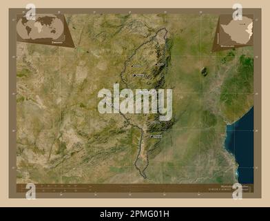 Manicaland, province of Zimbabwe. Low resolution satellite map. Locations and names of major cities of the region. Corner auxiliary location maps Stock Photo