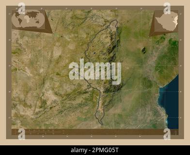 Manicaland, province of Zimbabwe. Low resolution satellite map. Locations of major cities of the region. Corner auxiliary location maps Stock Photo