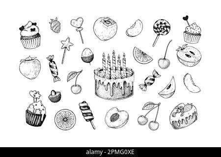 Set of sweets and fruits. Birthday cake and other treats for children. Hand drawn vector illustration in sketch style Stock Vector